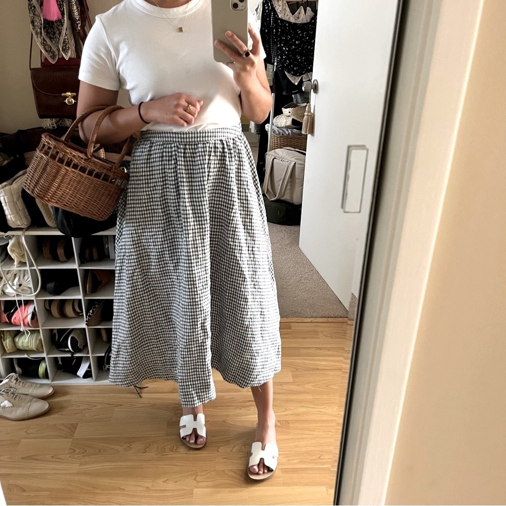 Reformation Slate and White Gingham Midi Skirt